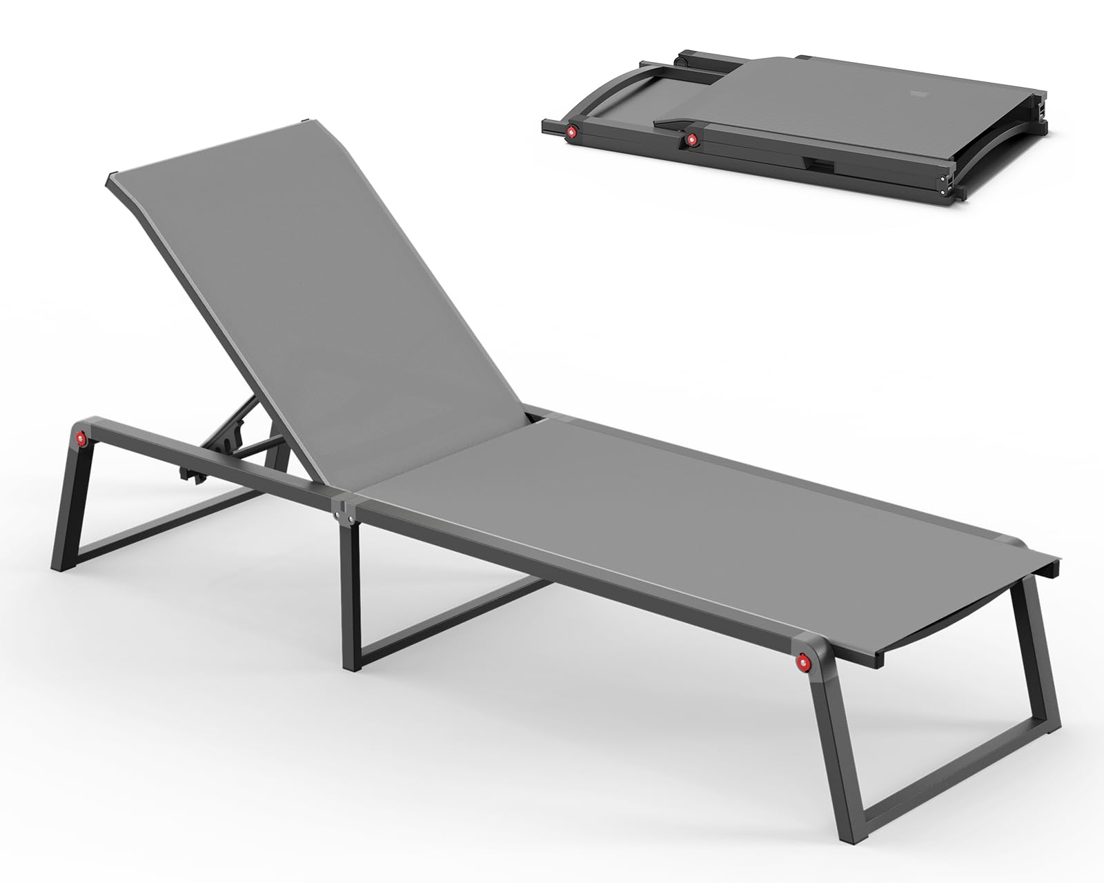 Oasbira aluminum chaise lounge folded flat for compact storage and easy transport.