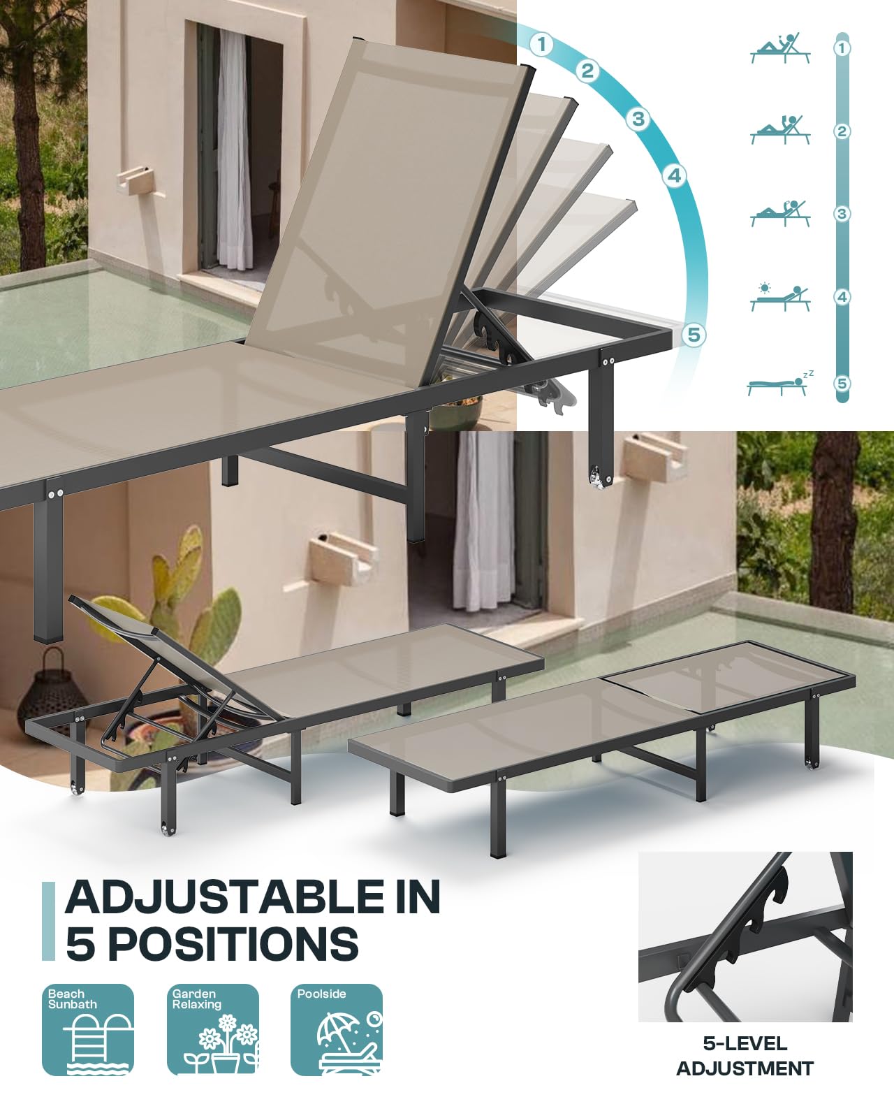 Oasbira backrest with five positions for versatile lounging.