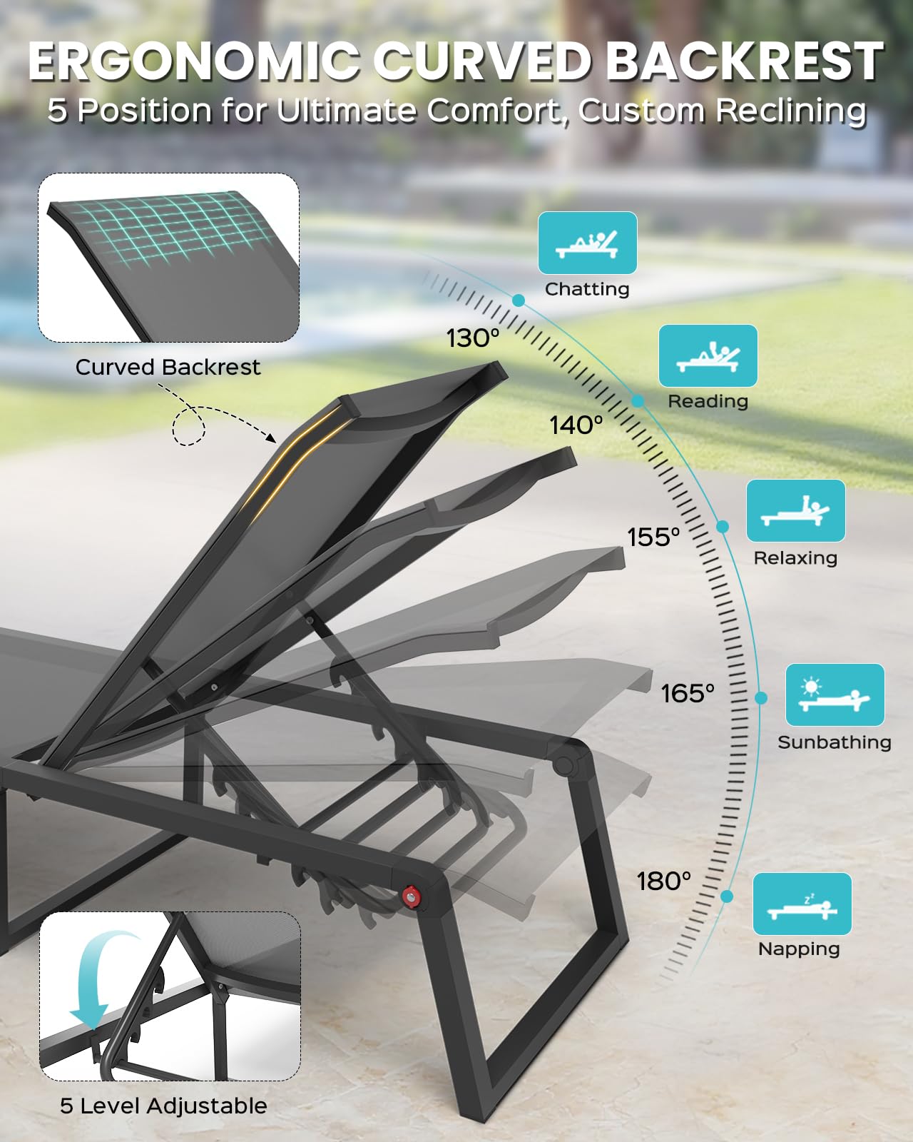 Oasbira lounge uses rust-proof aluminum and textilene mesh in all weather conditions.