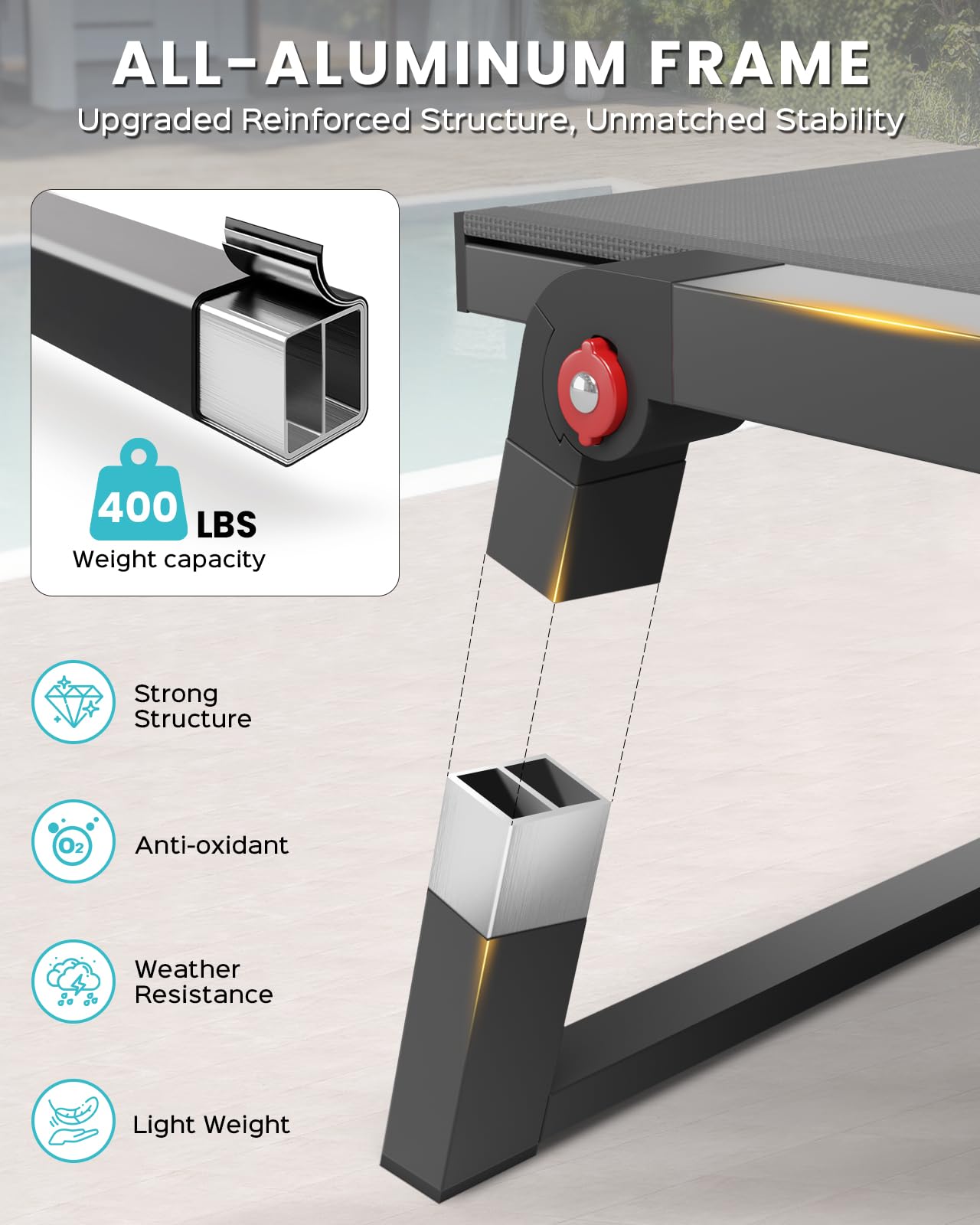 Oasbira lounge backrest adjusts through five positions for versatile comfort.
