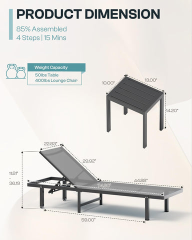 Oasbira Lounge Chair aluminum frame resists rust and fading for durable outdoor use.
