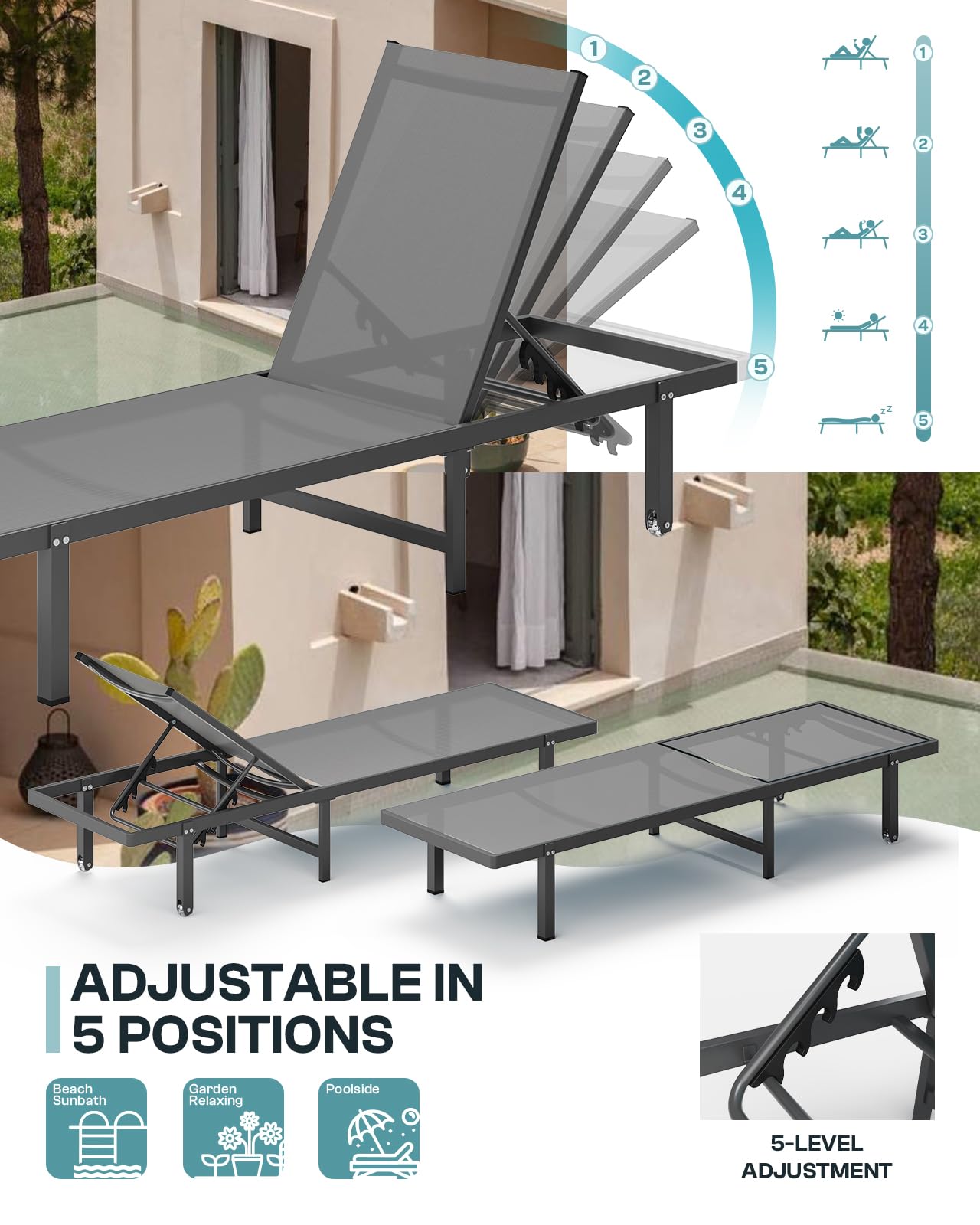 Oasbira Lounge Chair backrest with five positions supports reading lounging or sunbathing.