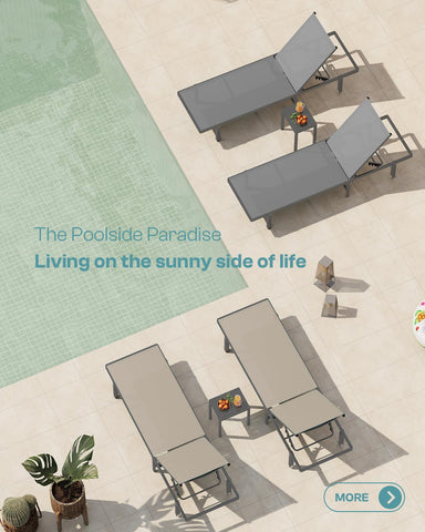 Oasbira Lounge Chair beside pool offers comfortable shade and easy mobility.