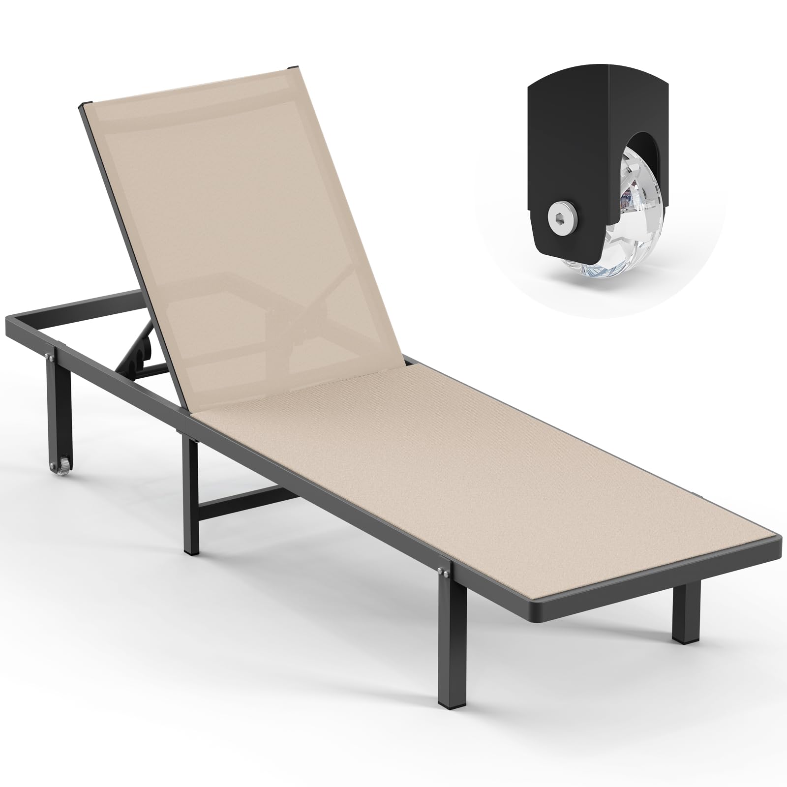 Oasbira lounge chair with wheels enables easy repositioning for sun or shade.