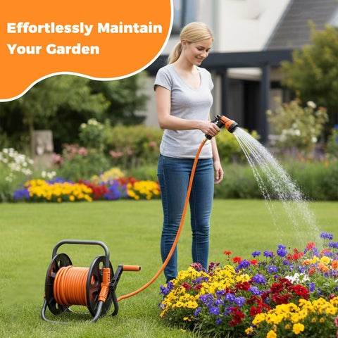 OasisTrim hose reel cart on wheels offers easy portability.