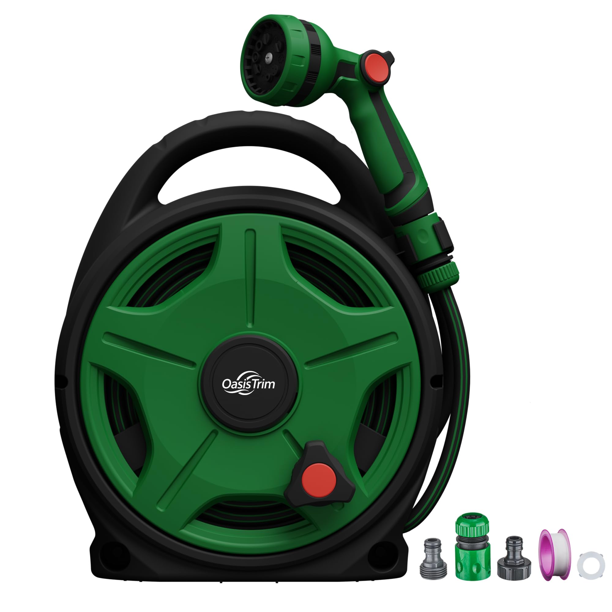OasisTrim retractable hose reel in green for tidy storage and effortless garden watering.