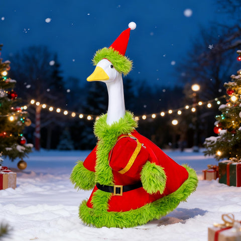 Obasurr porch goose Santa outfit on a 23-inch statue for festive curb appeal.