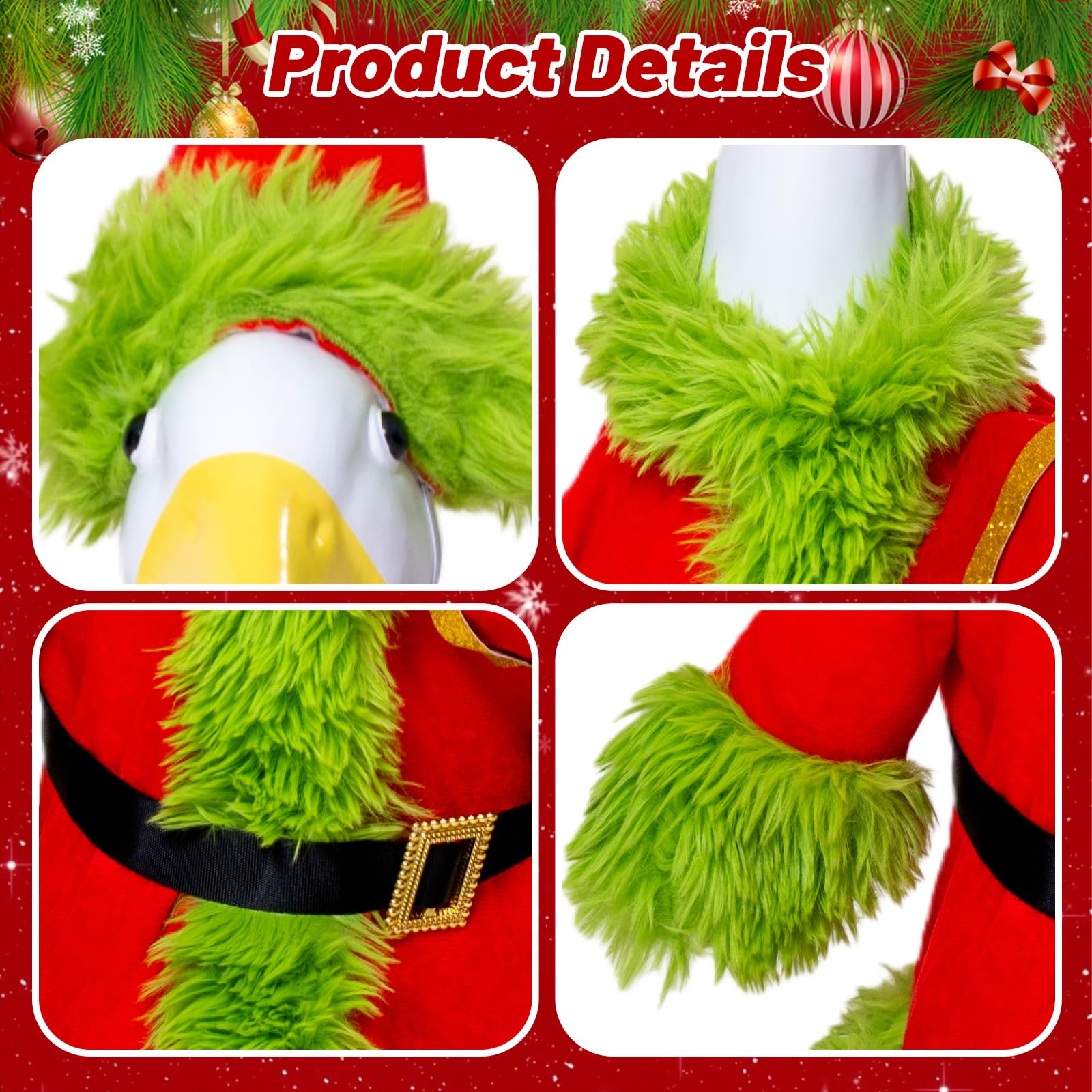 Vibrant red and green colors of Obasurr goose outfit brighten porches.