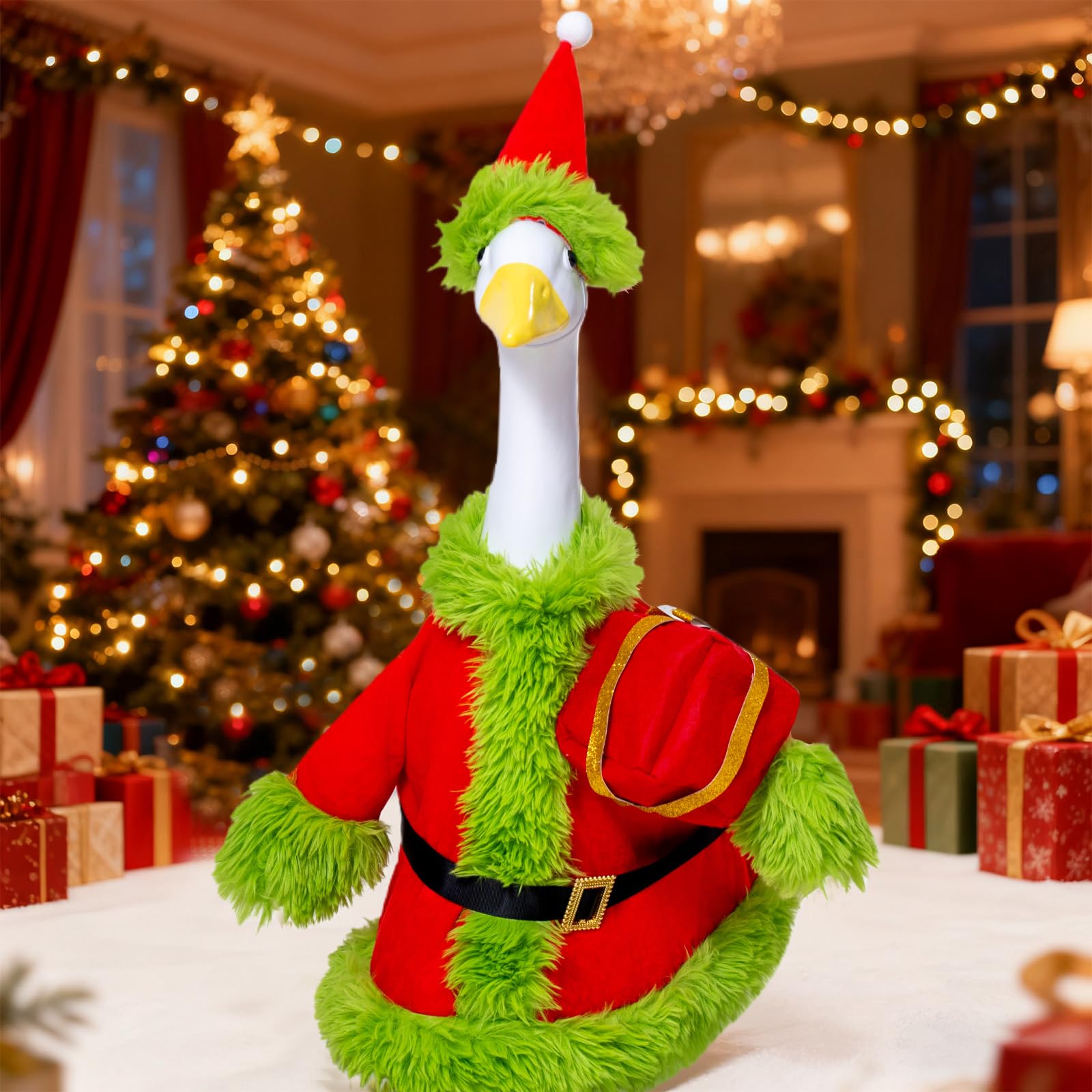 Weather-resistant polyester fabric of Obasurr Santa outfit withstands outdoor wear.