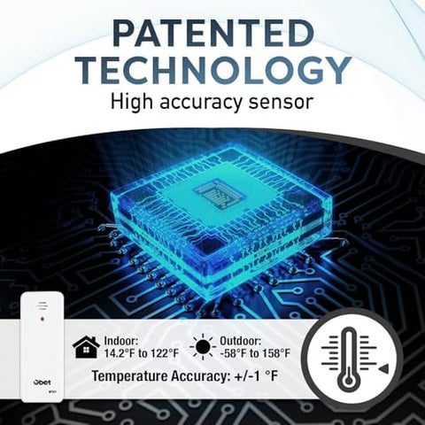 OBET indoor-outdoor temperature monitoring supports homes, greenhouses, and patios.