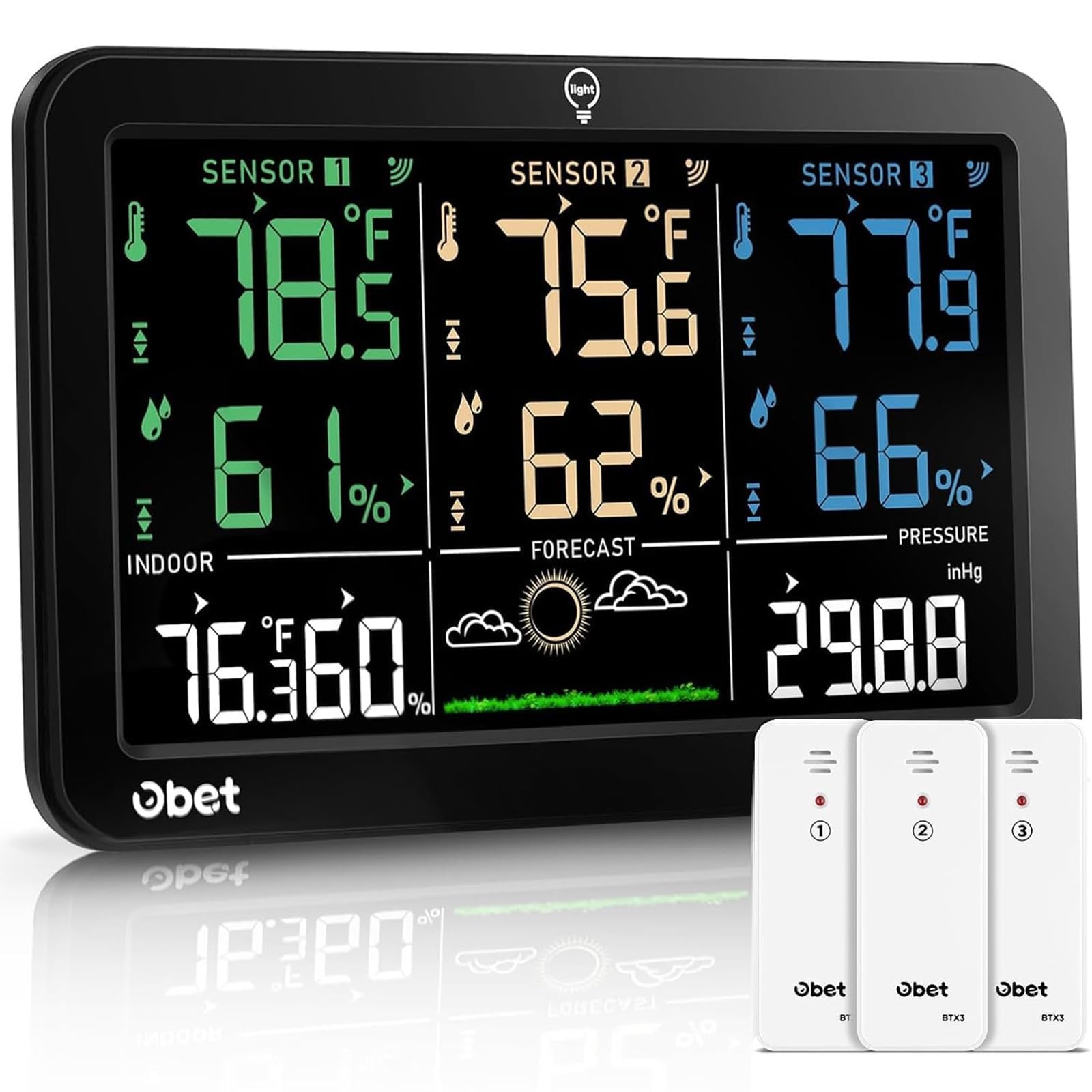 OBET weather station color display shows indoor and outdoor readings at a glance