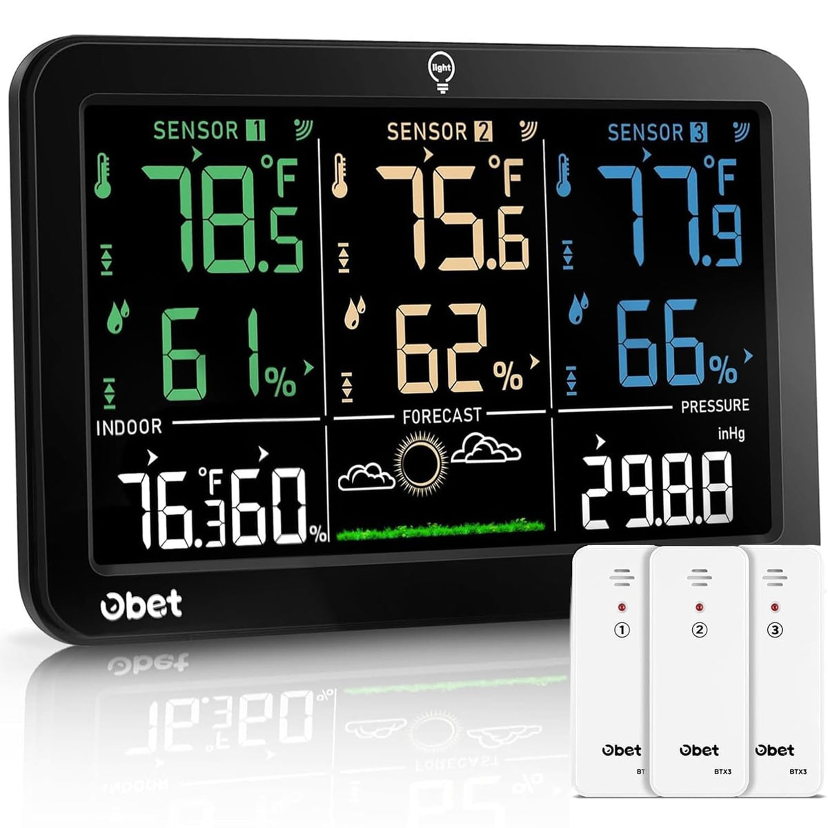 OBET weather station color display shows indoor and outdoor readings at a glance