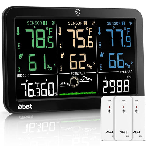 OBET weather station color display shows indoor and outdoor readings at a glance