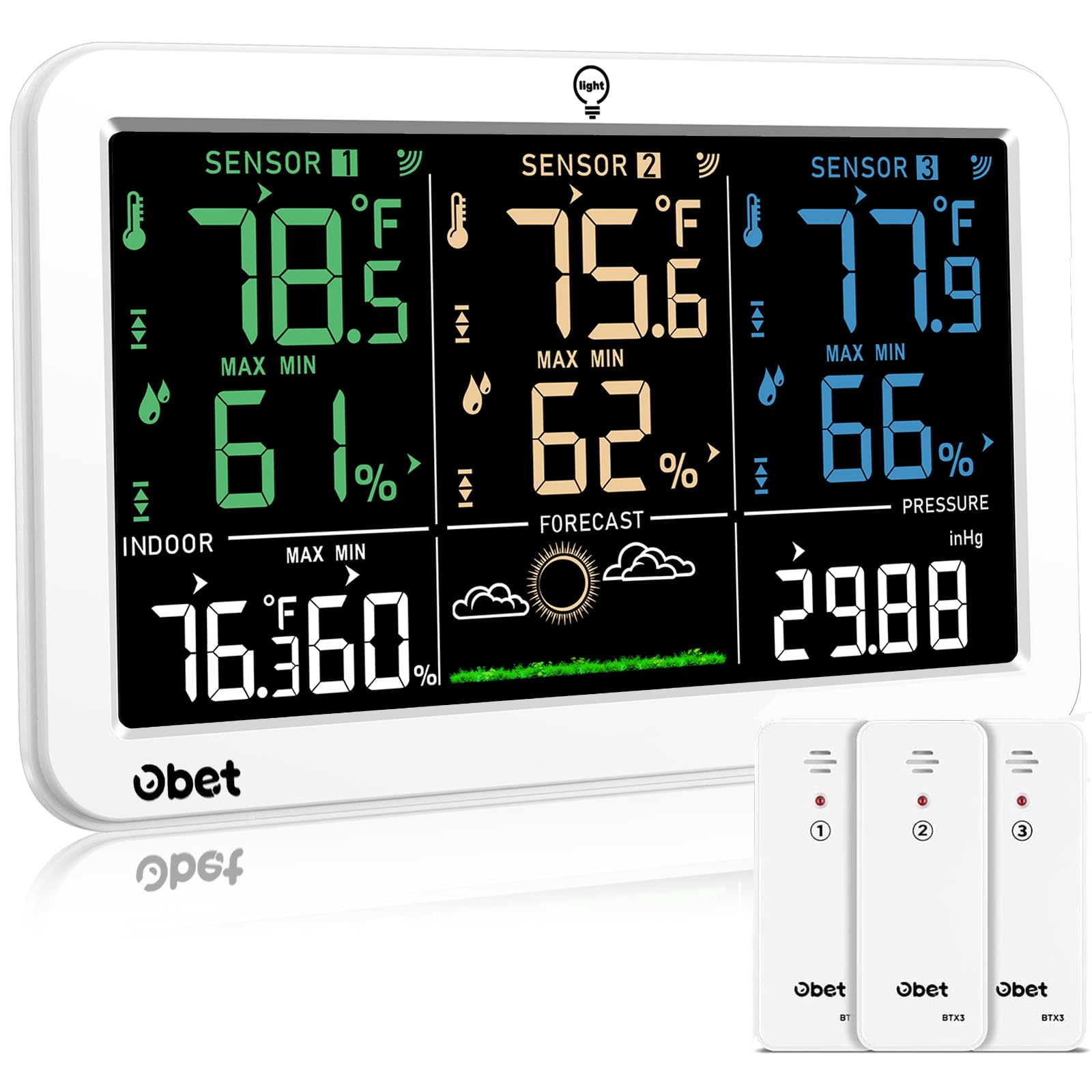 OBET Weather Station color LCD display shows indoor-outdoor readings for quick monitoring