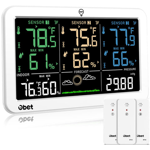 OBET Weather Station color LCD display shows indoor-outdoor readings for quick monitoring