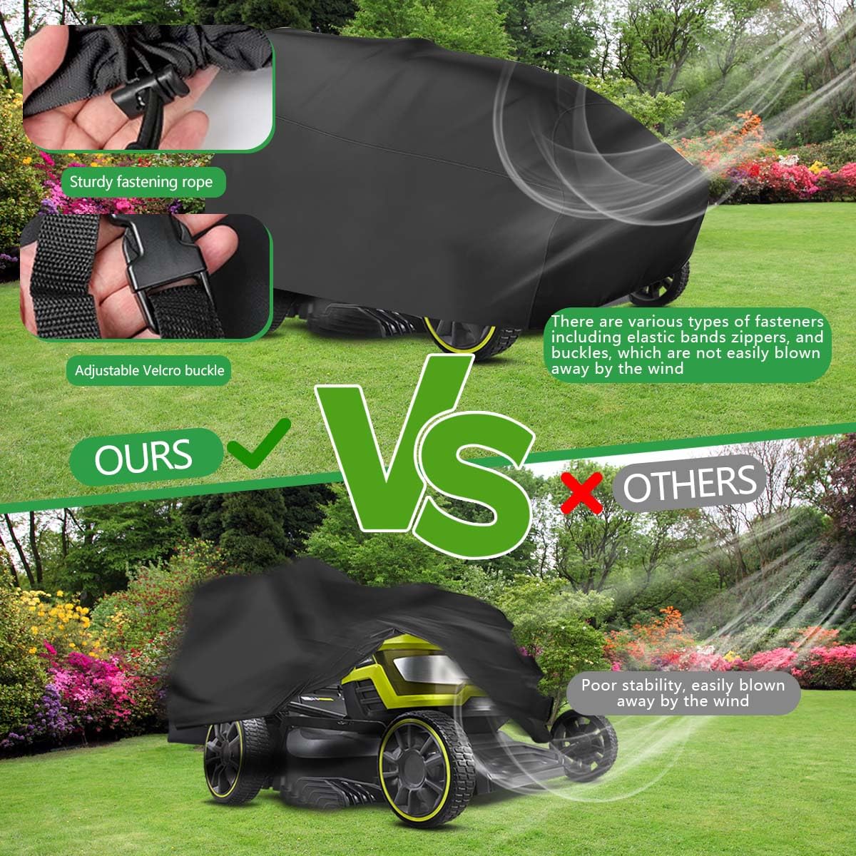 OBTANIM Outdoors wind-resistant cover on a mower during gusty days