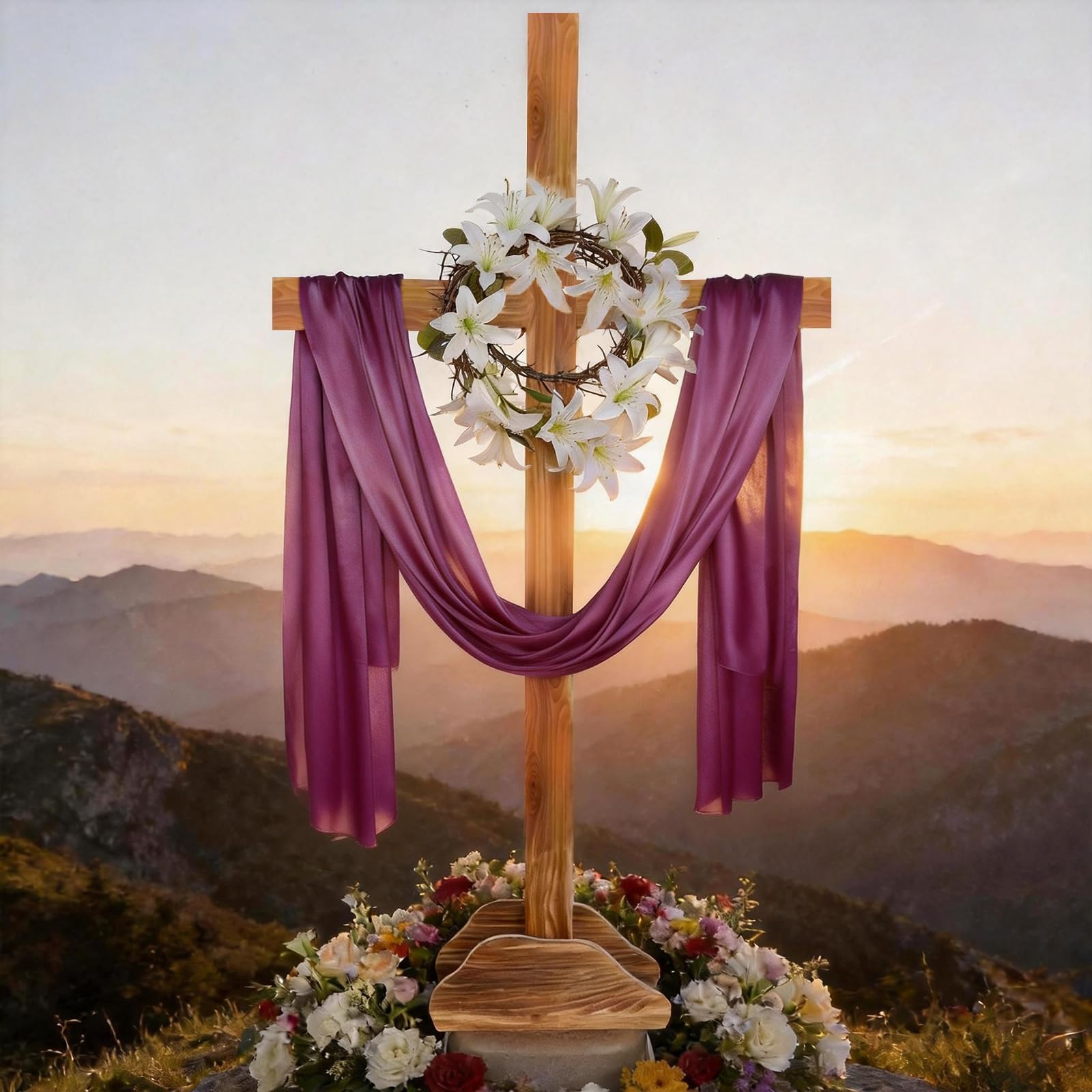 OBUSATT 59-inch Easter cross on a sturdy base for outdoor yard display.