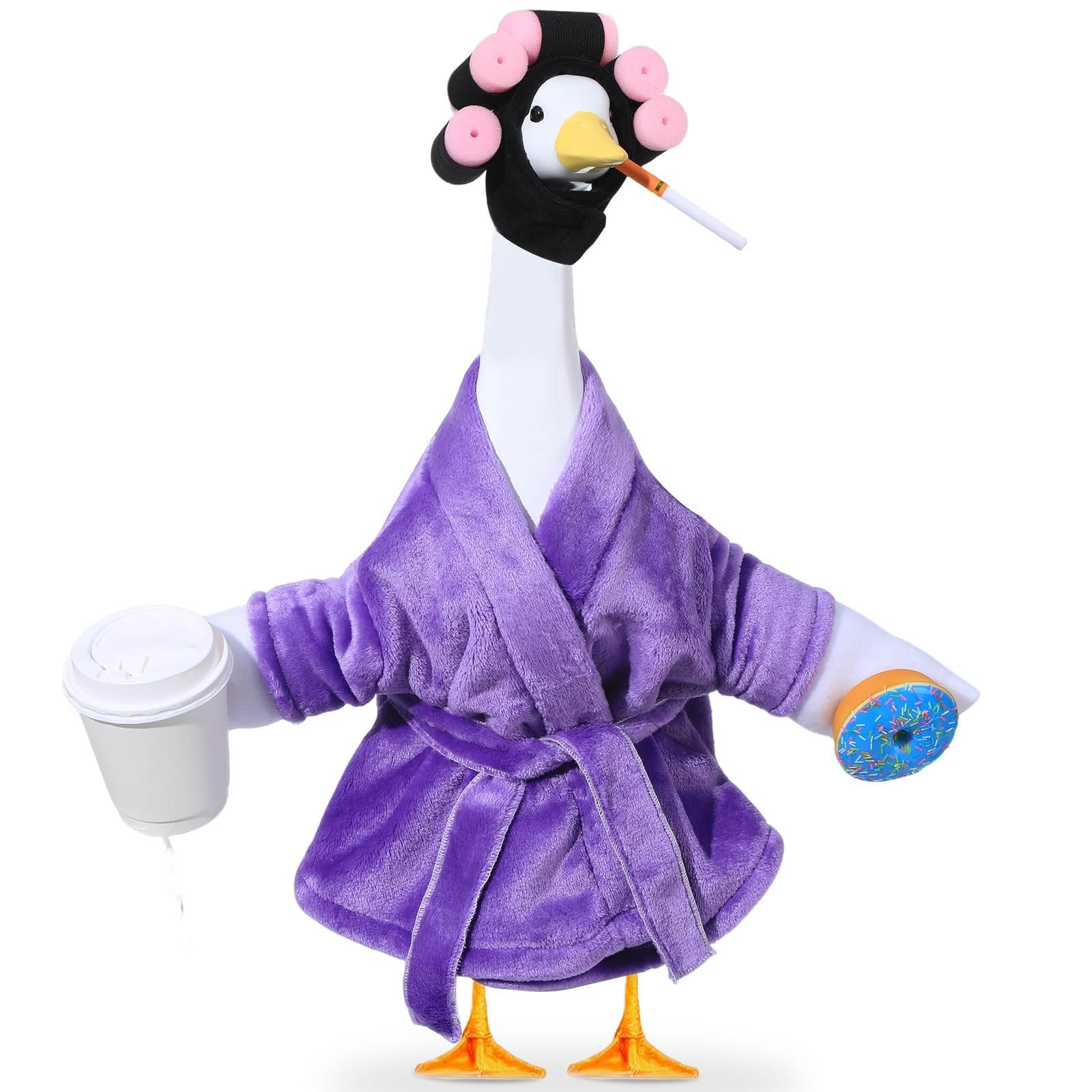 OBUSATT Lady Porch Goose outfit in purple bathrobe adds playful curb appeal to outdoor decor.