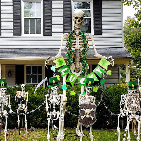 OBUSATT banners and hat complete a quick, festive skeleton costume setup.
