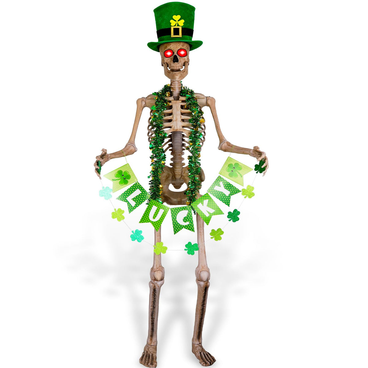 OBUSATT green St Patrick's hat for the 6 ft skeleton display, adding festive flair.