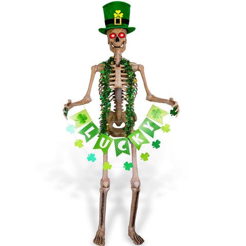 OBUSATT green St Patrick's hat for the 6 ft skeleton display, adding festive flair.