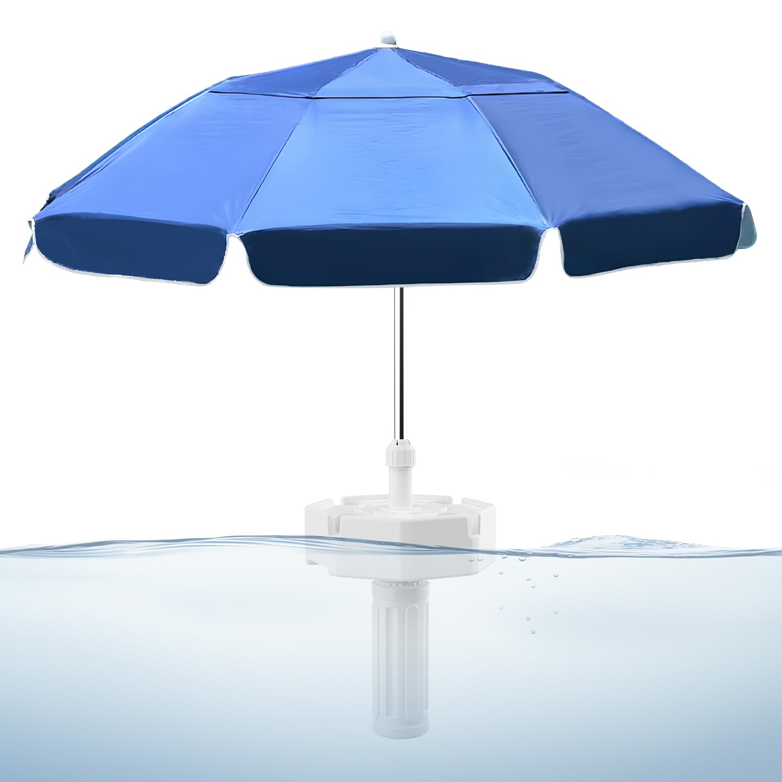 OceanaFlow floating umbrella casting wide shade directly over water.