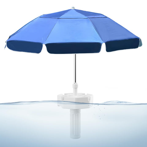OceanaFlow floating umbrella casting wide shade directly over water.