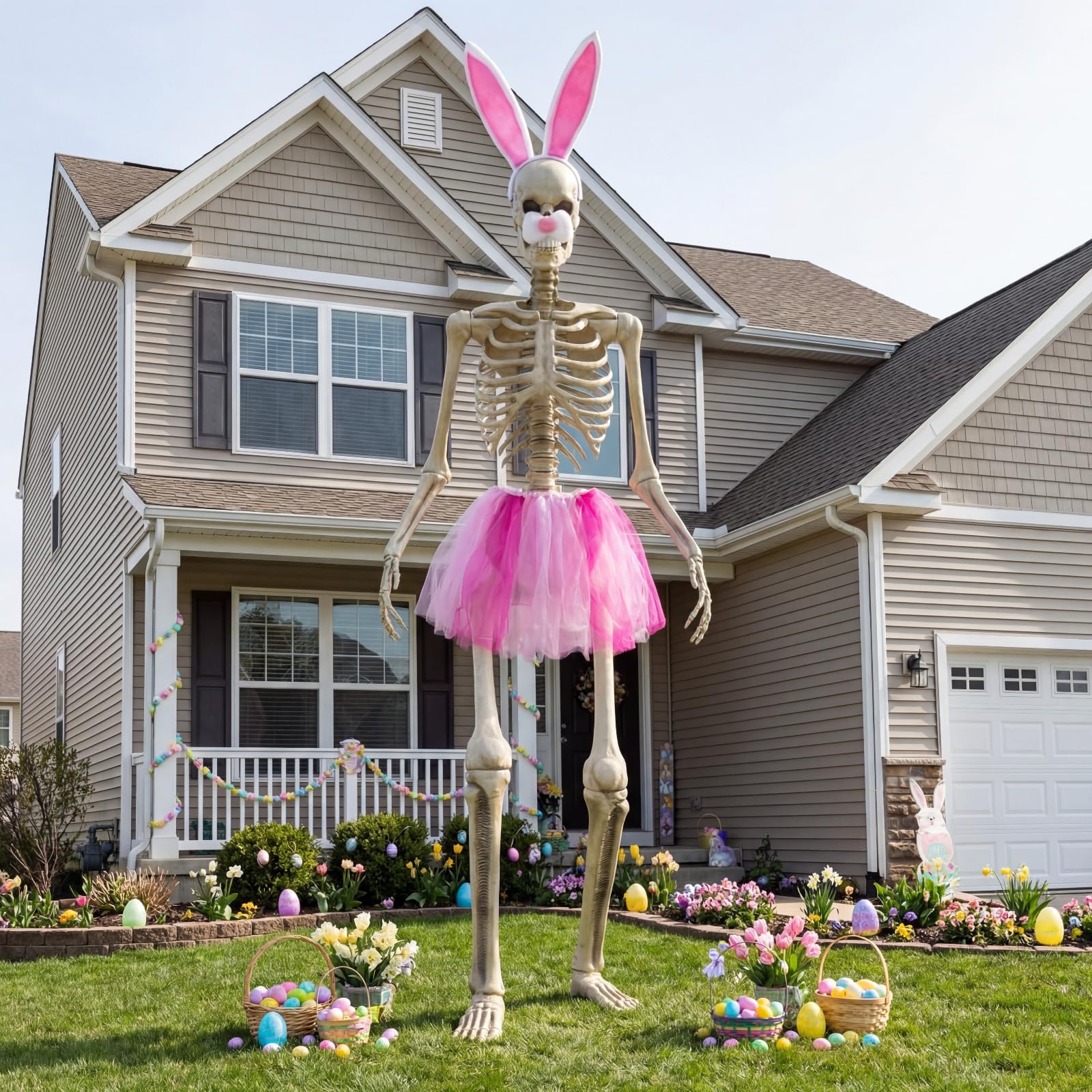 OceanCamel pink tutu skirt on a 12ft skeleton enhances visibility for festive curb appeal.