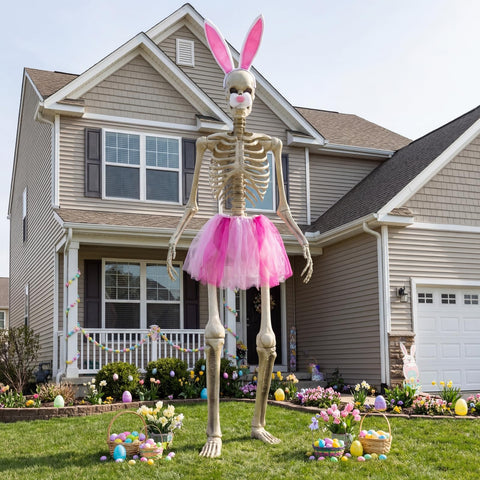OceanCamel pink tutu skirt on a 12ft skeleton enhances visibility for festive curb appeal.