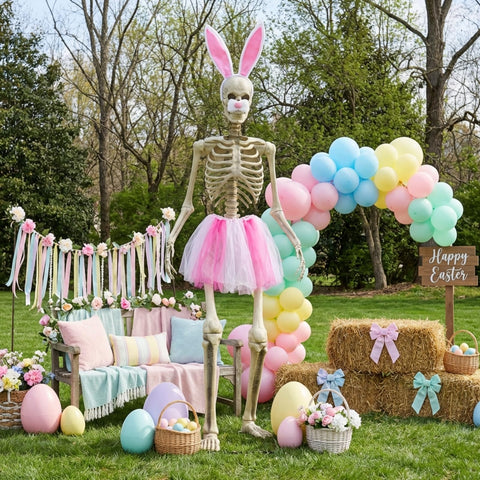 OceanCamel rabbit ears headband on a giant skeleton adds humorous Easter charm.