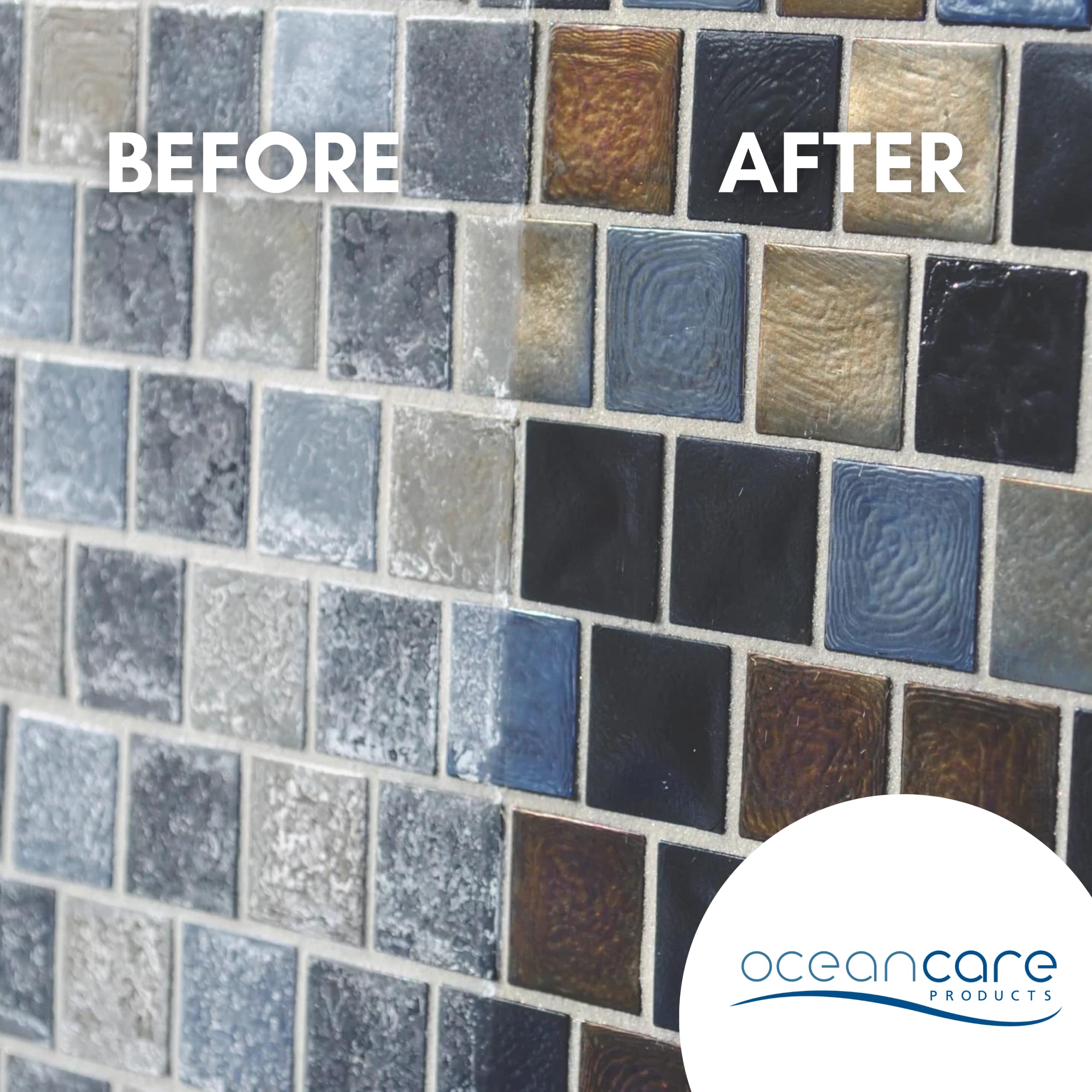OCEANCARE efflorescence remover on tiles in action preserves glass and porcelain.