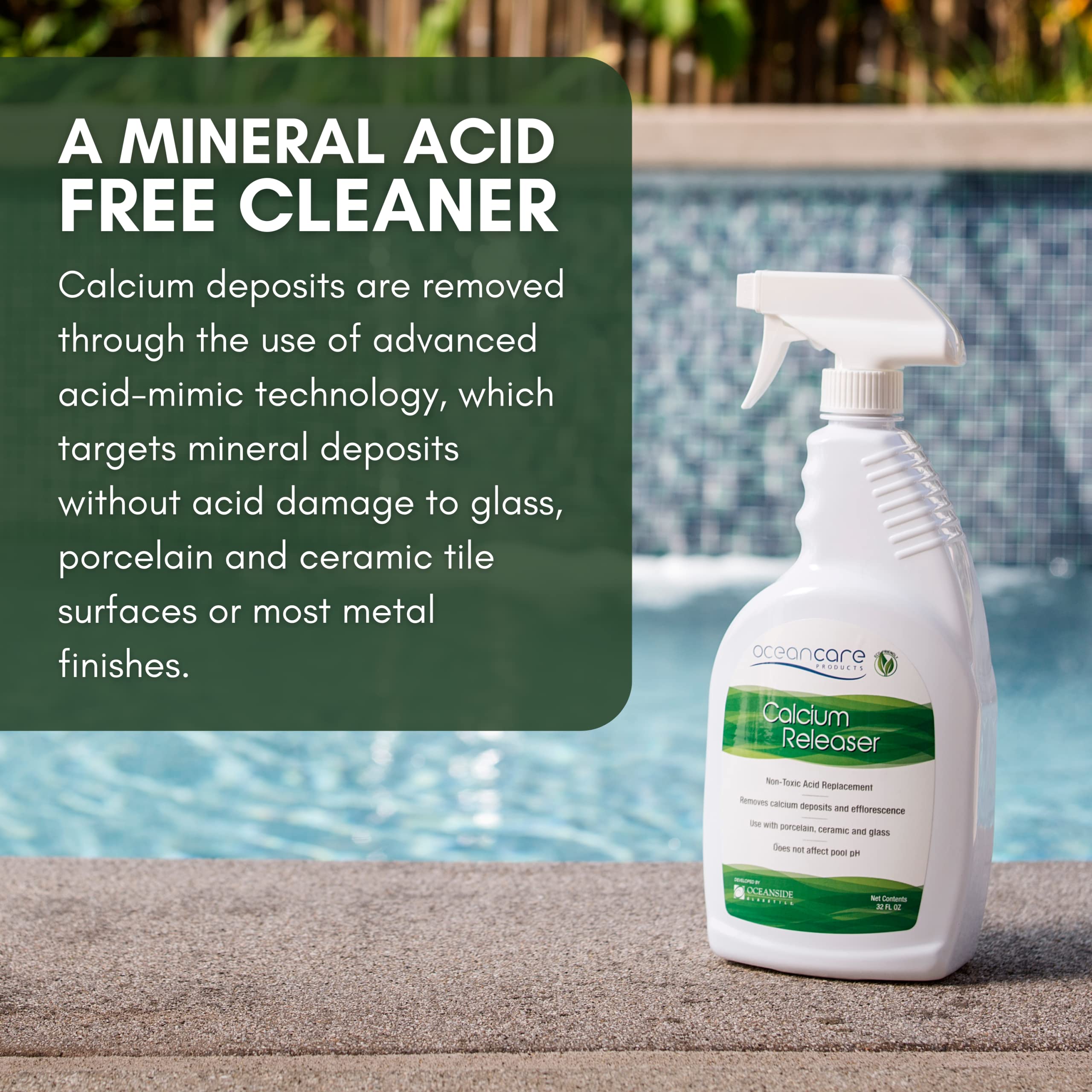 OCEANCARE pool tile cleaner bottle closeup shows calcium and efflorescence removal.