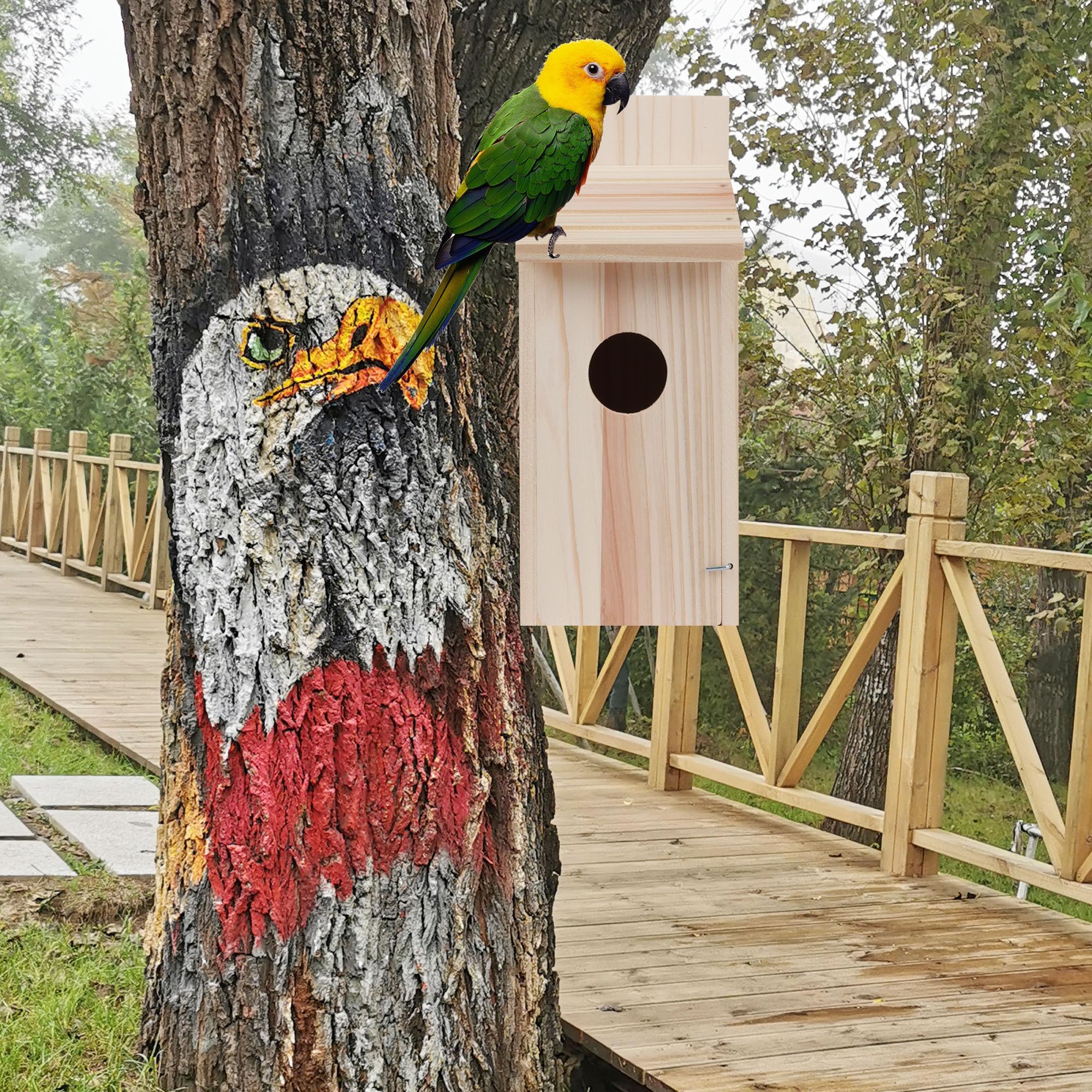 OceeK bluebird box attracts bluebirds with natural wood finish and secure mounting