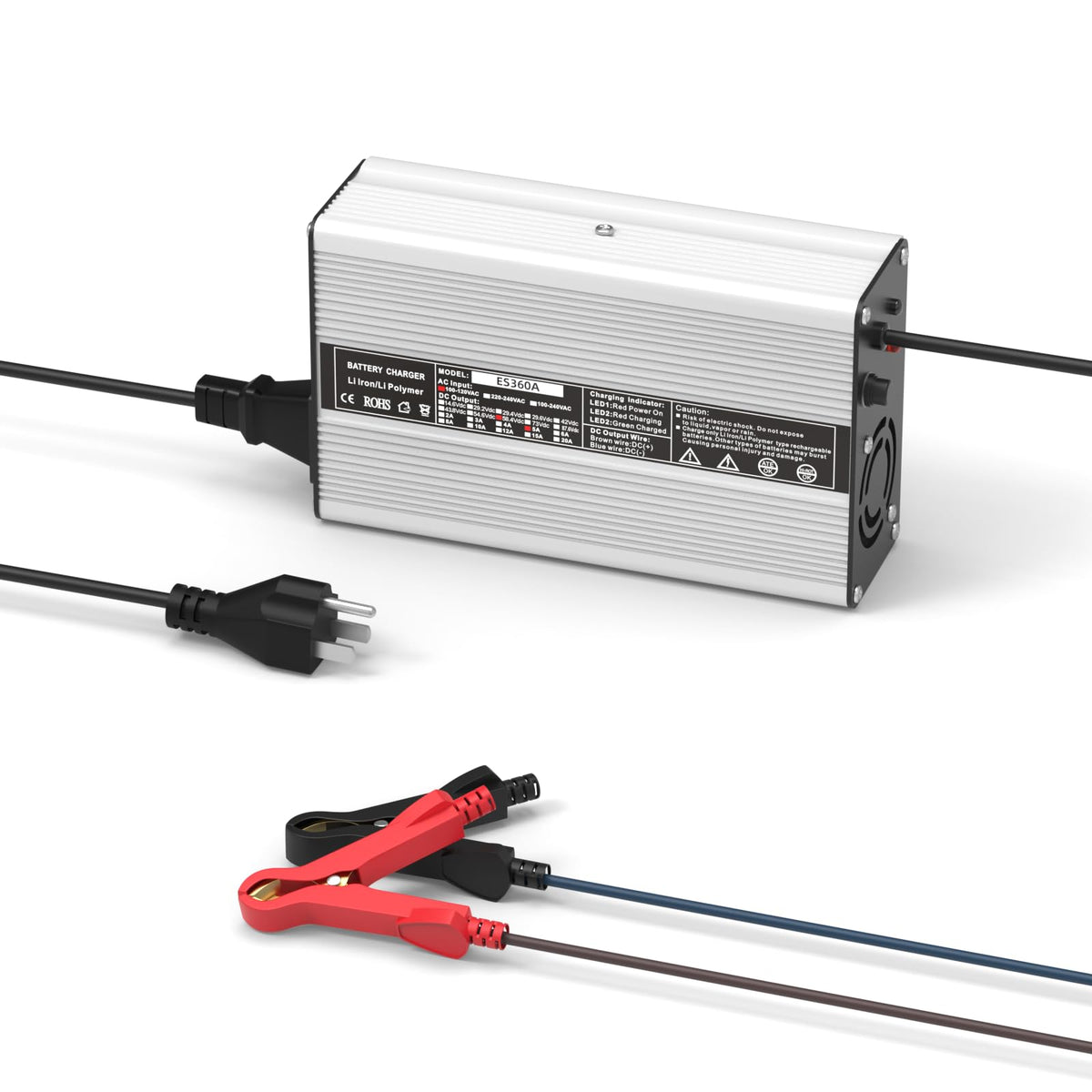 OCELL 58.4V 5A charger front view, efficient LiFePO4 battery charging for off-grid golf carts.