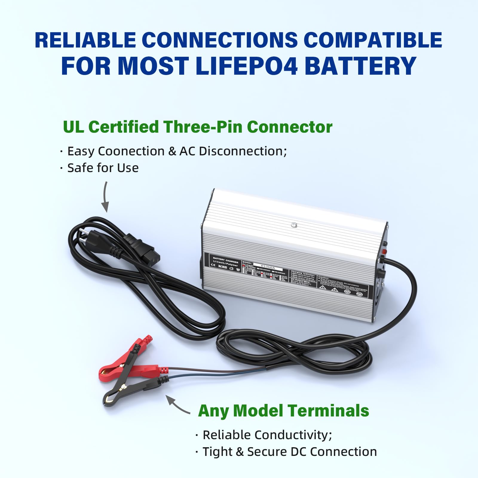 OCELL 58.4V 5A charger with LED indicators for quick status checks.
