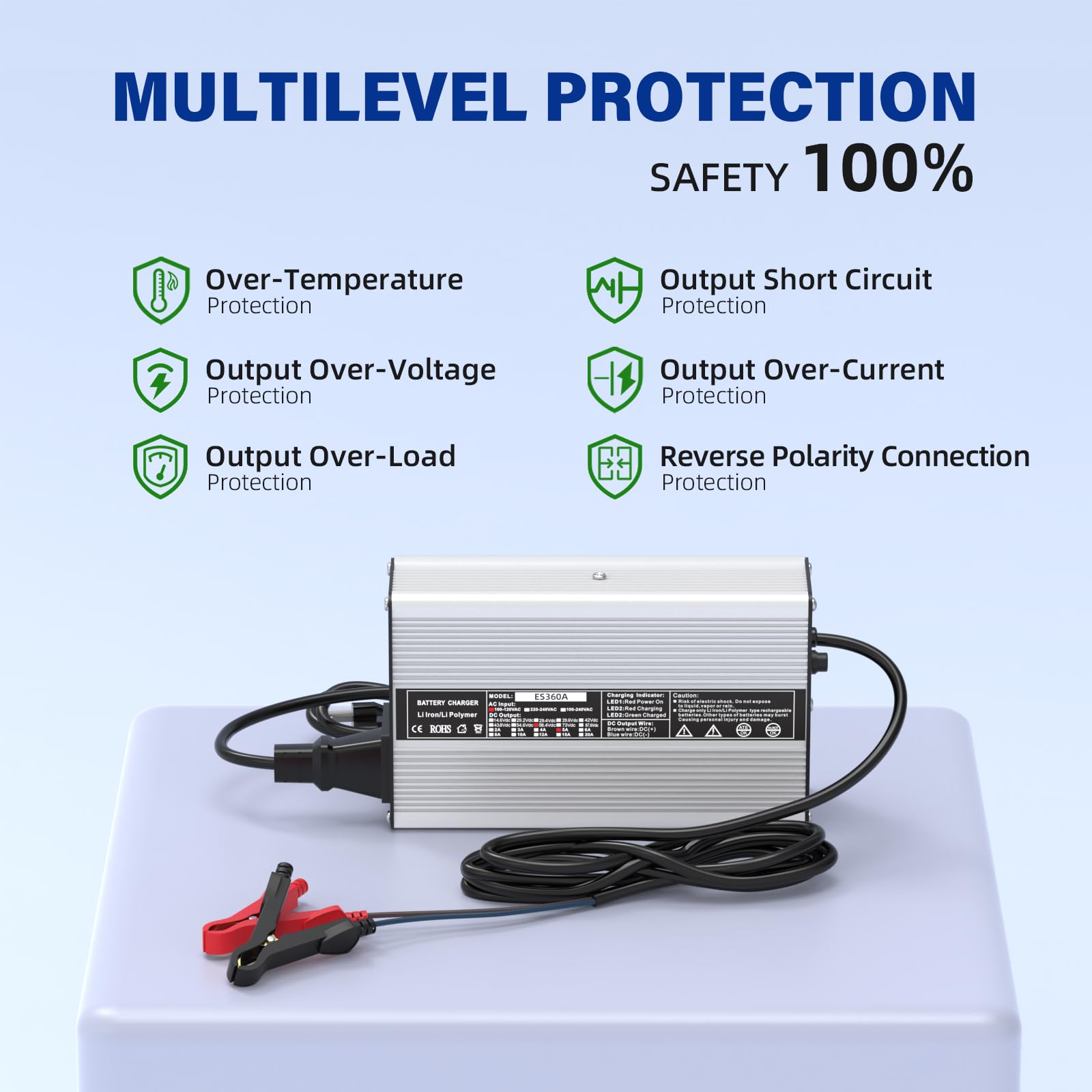 OCELL 58.4V 5A charger side panel, reliable protection for 48V LiFePO4 packs.