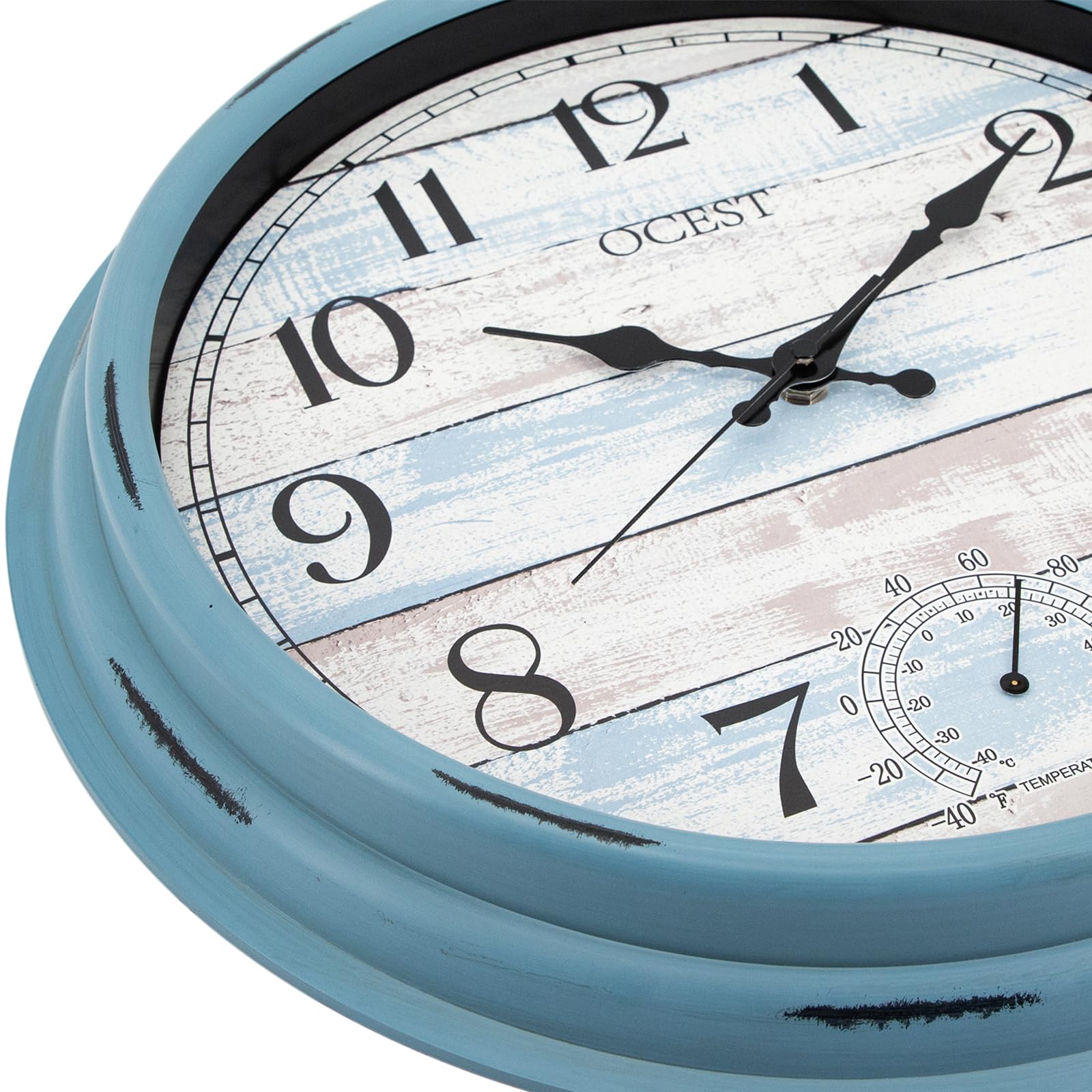 OCEST blue clock face enhances garden ambiance with a refreshing coastal vibe.