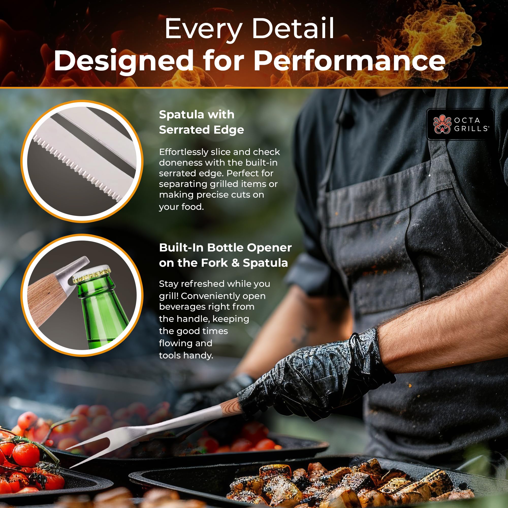 OctaGrills pakkawood handles elevate grip comfort and control.