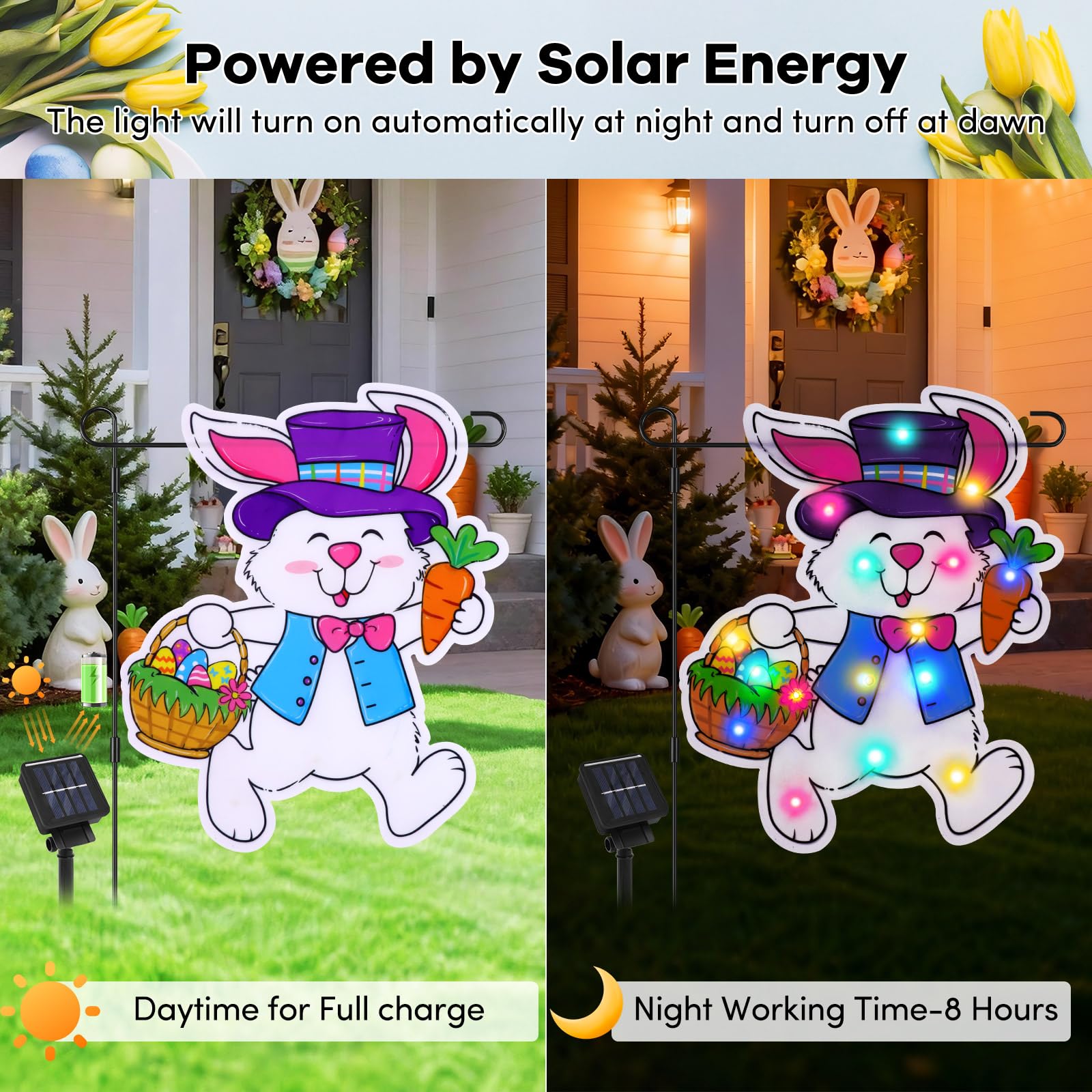 Odewhine solar-powered flag with built-in light sensor for evening illumination.