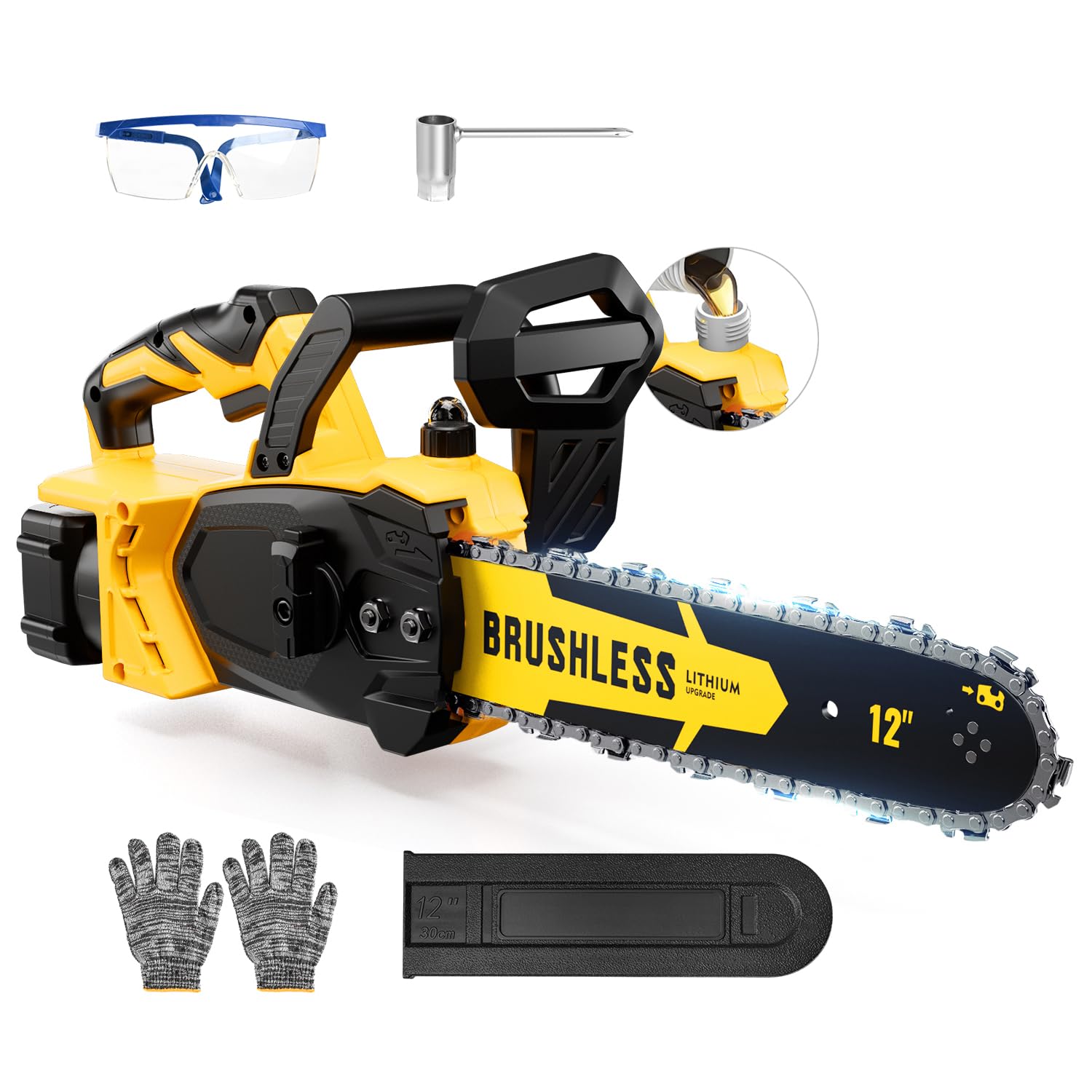 ODOGYM brushless cordless 12-inch chainsaw in use for fast wood cutting.