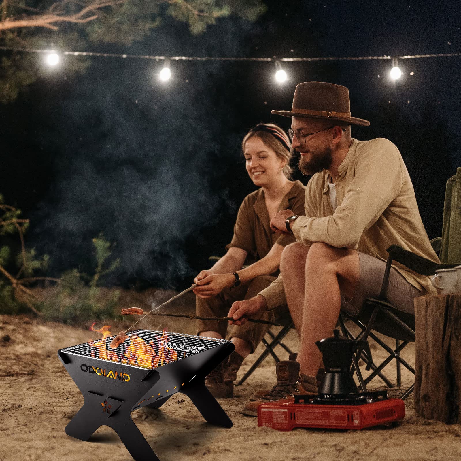 Odoland easy assembly fire pit design speeds setup before cooking.