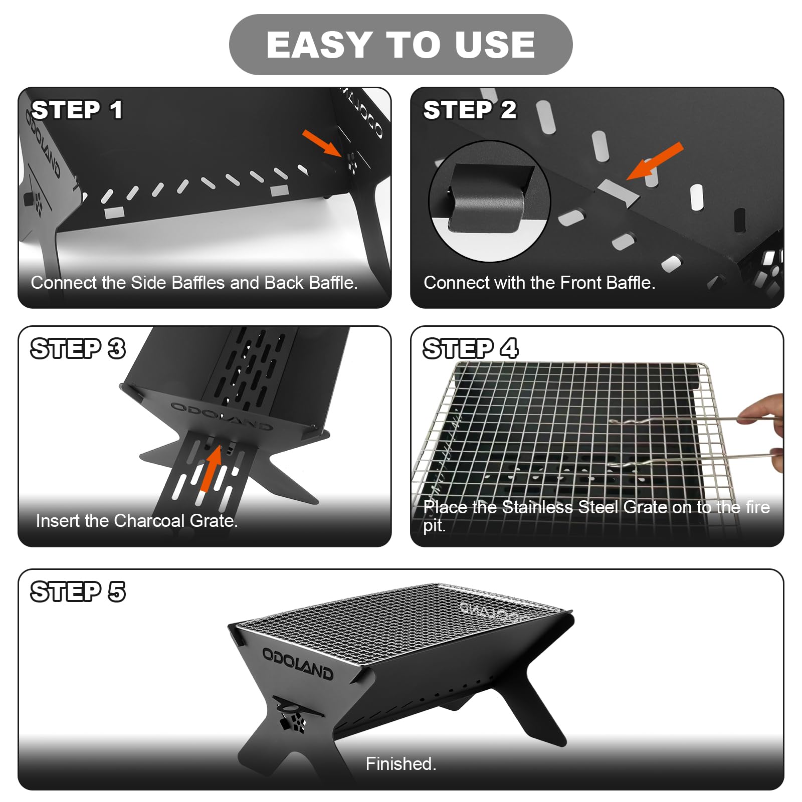 Odoland fire pit assembly shown for easy, fast outdoor cooking.