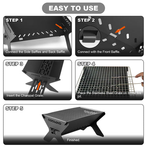 Odoland fire pit assembly shown for easy, fast outdoor cooking.