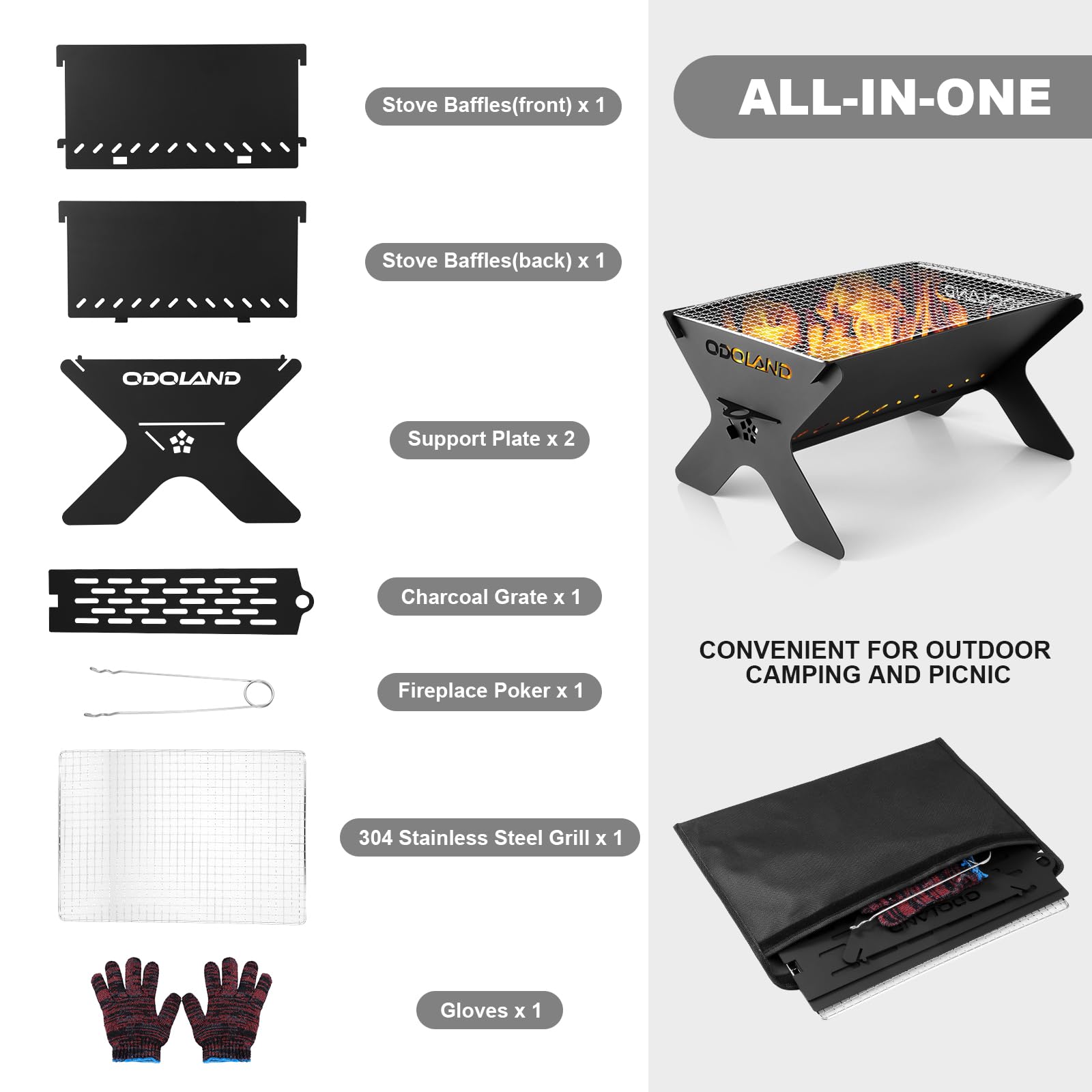 Odoland folding grill close-up handle design enables quick setup.