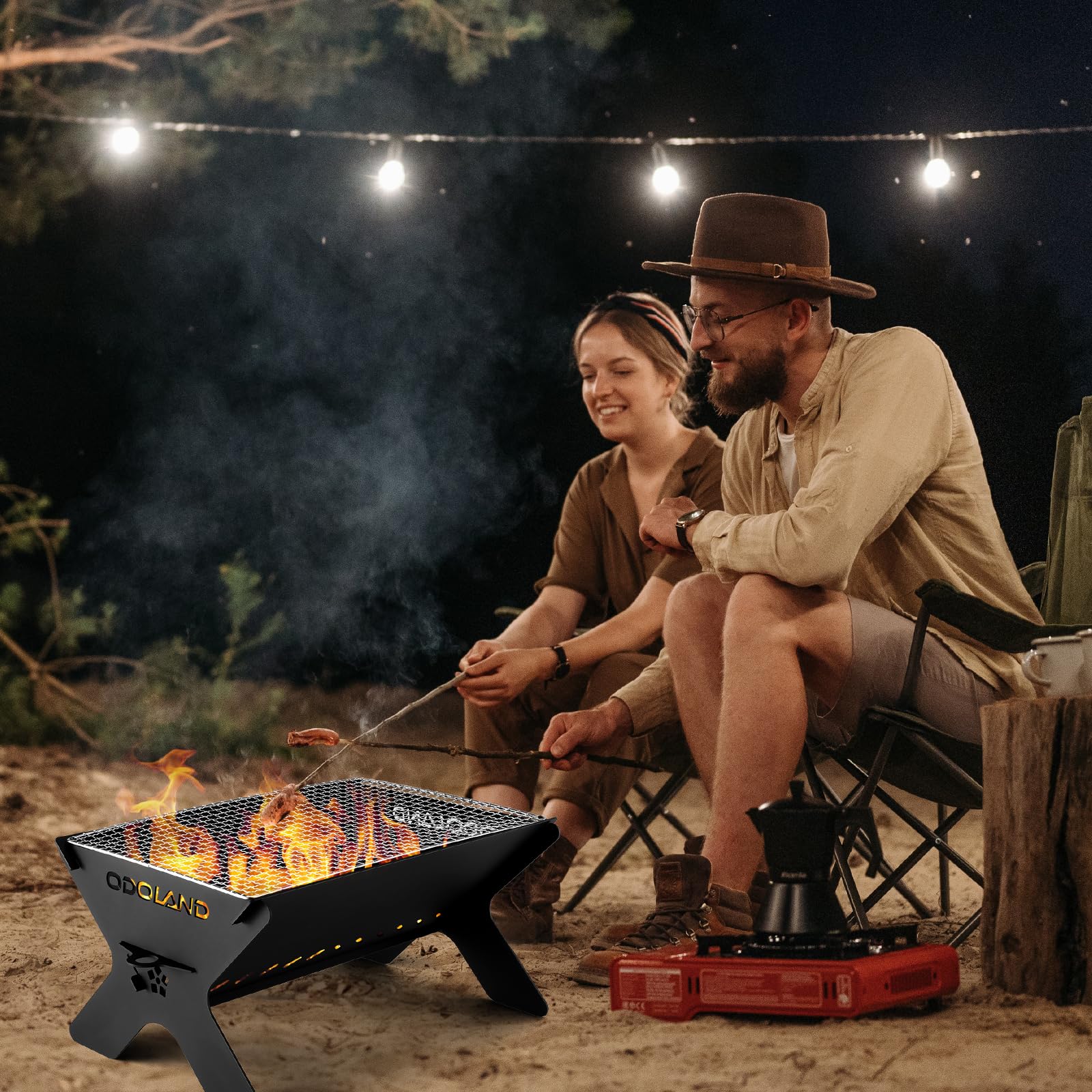 Odoland portable charcoal grill with carry bag ready for camping.