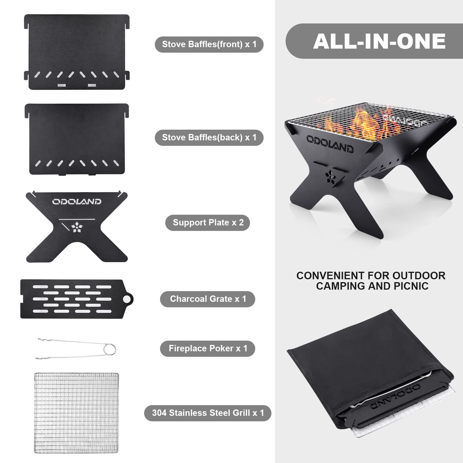 Odoland portable folding charcoal grill ready for outdoor adventures and grilling.