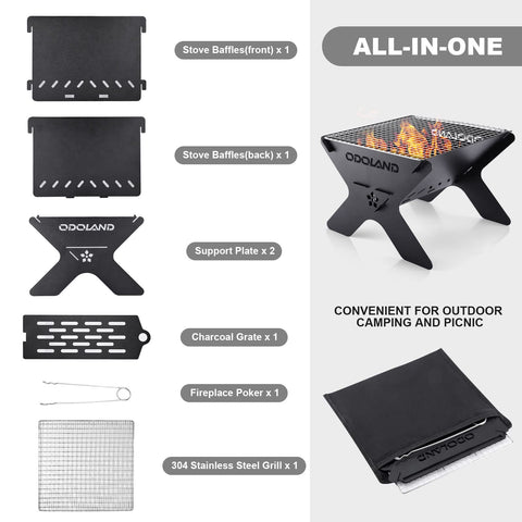 Odoland portable folding charcoal grill ready for outdoor adventures and grilling.