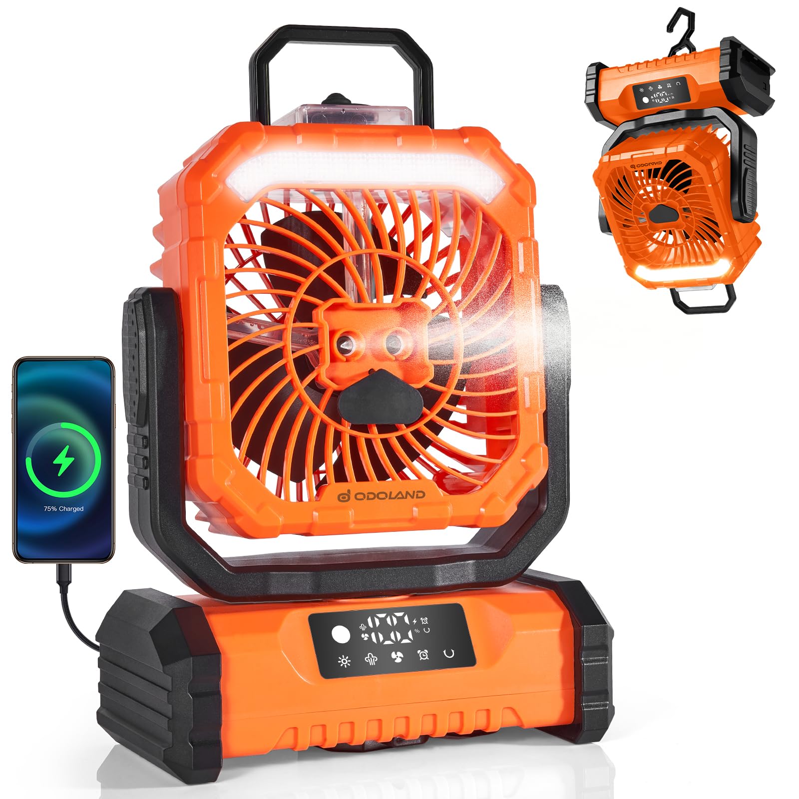 Odoland portable misting fan with light, front view, ideal for camping comfort