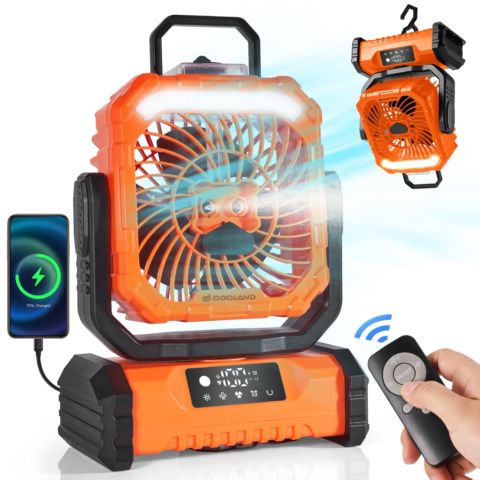 Odoland misting fan in action delivering cooling spray for outdoor activities