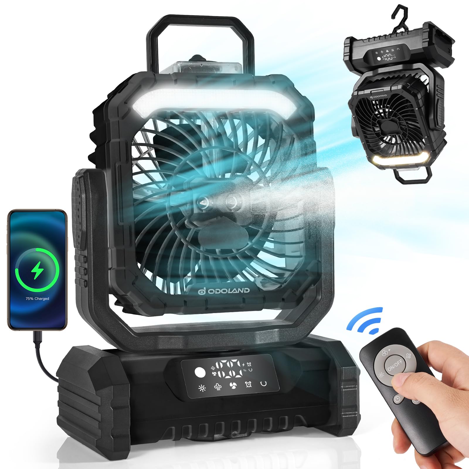 Odoland portable misting fan with light for cooling indoors or outdoors.